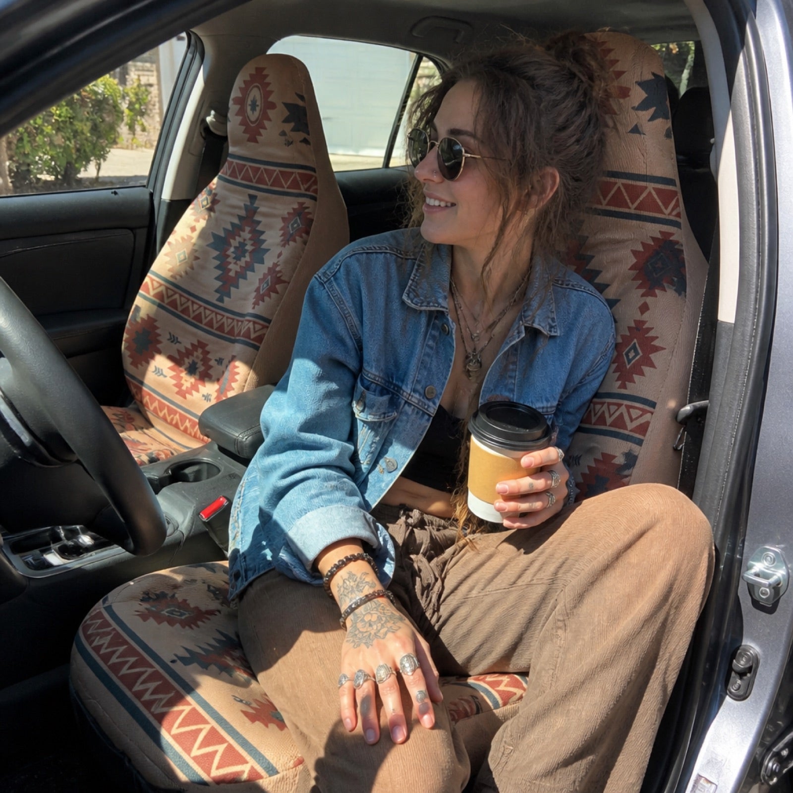 Tan Southwestern Aztec seat covers installed in a Chevy truck cab | Solara Covers