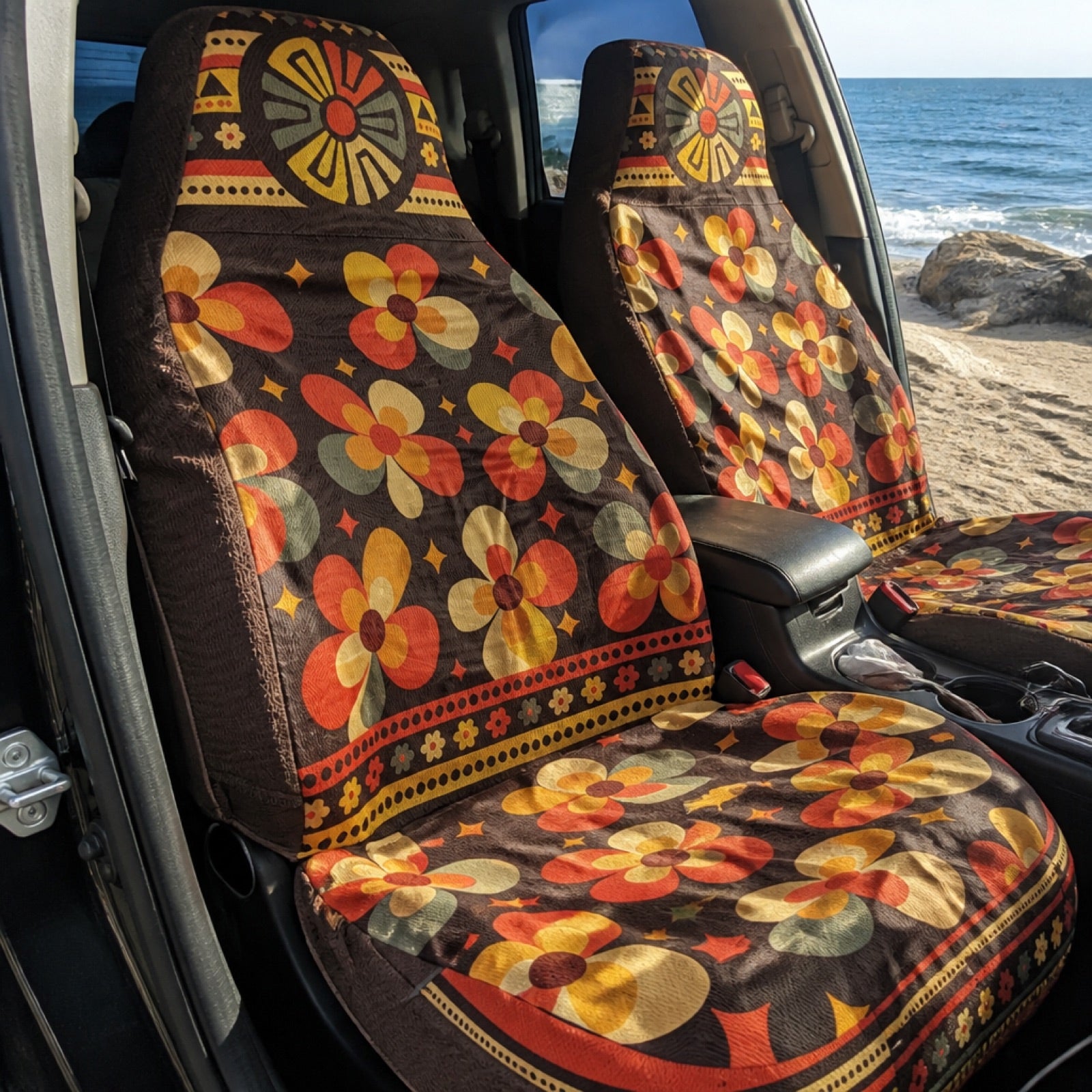 Boho seat covers installed on the front seats of a Chevy Suburban