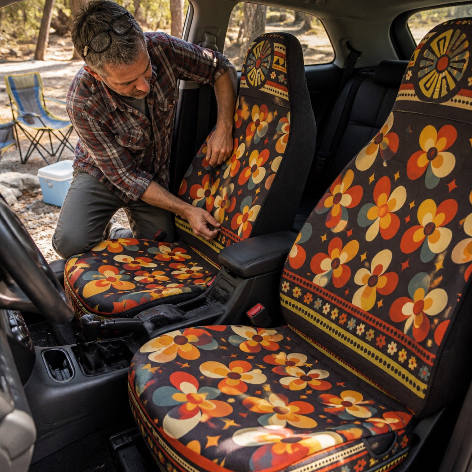 Breathable cloth seat covers installed on a car's front seats