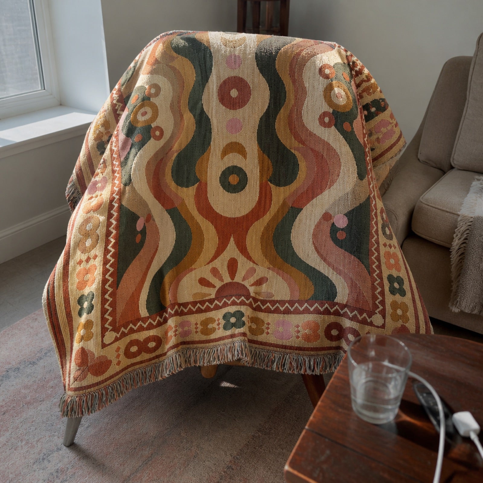 Woven throw blanket styled on a couch
