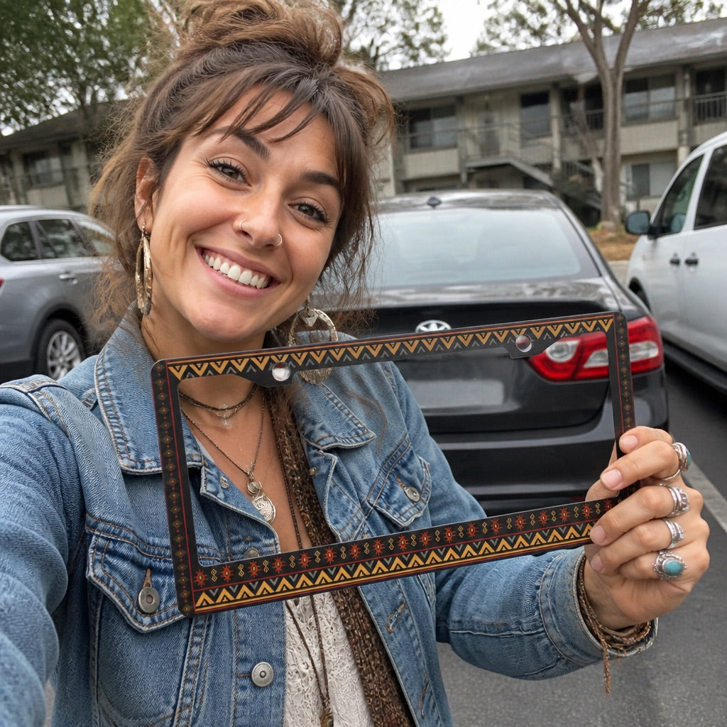 Boho patterned license plate frame on a car