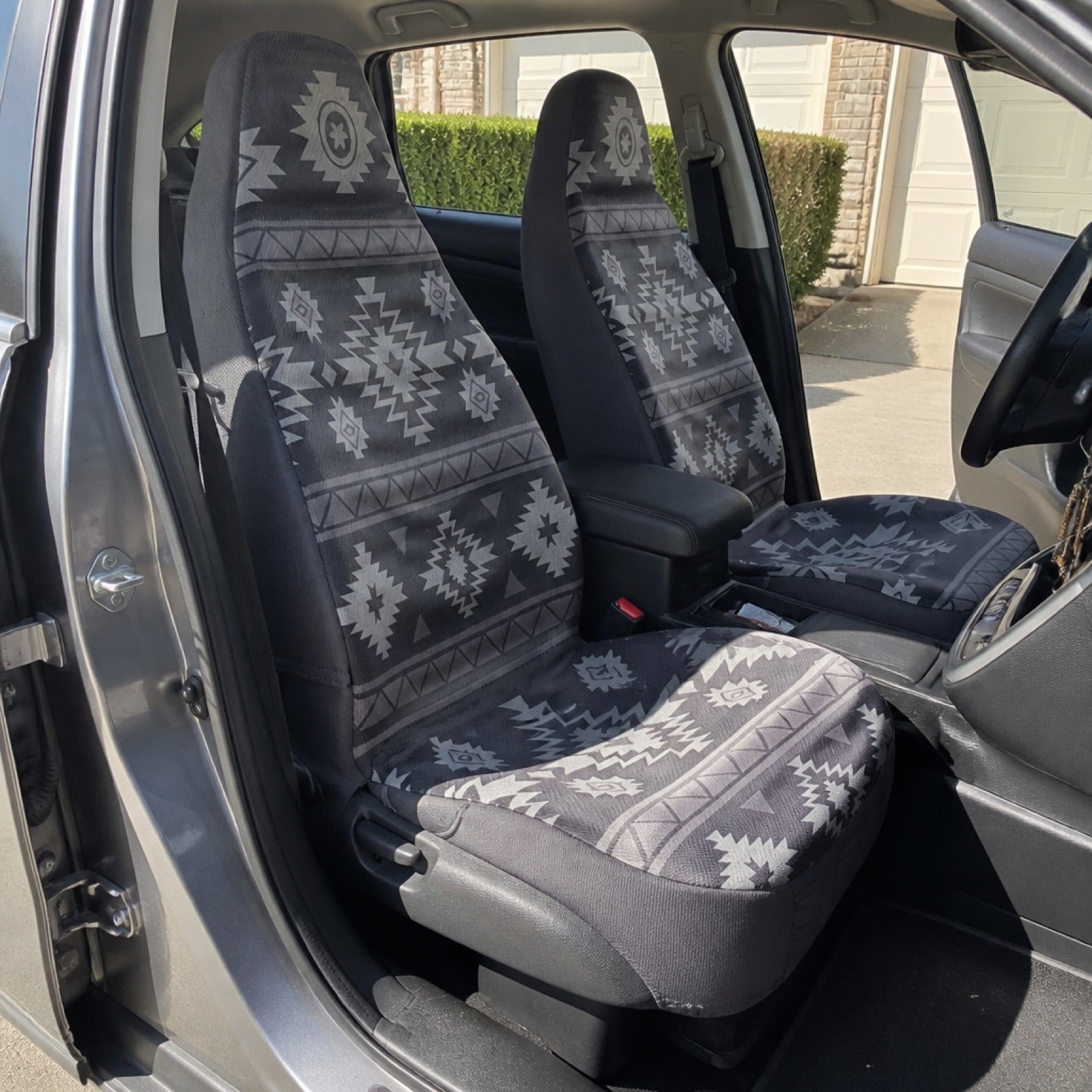 Black and grey monochrome Aztec seat covers in a sedan | Solara Covers