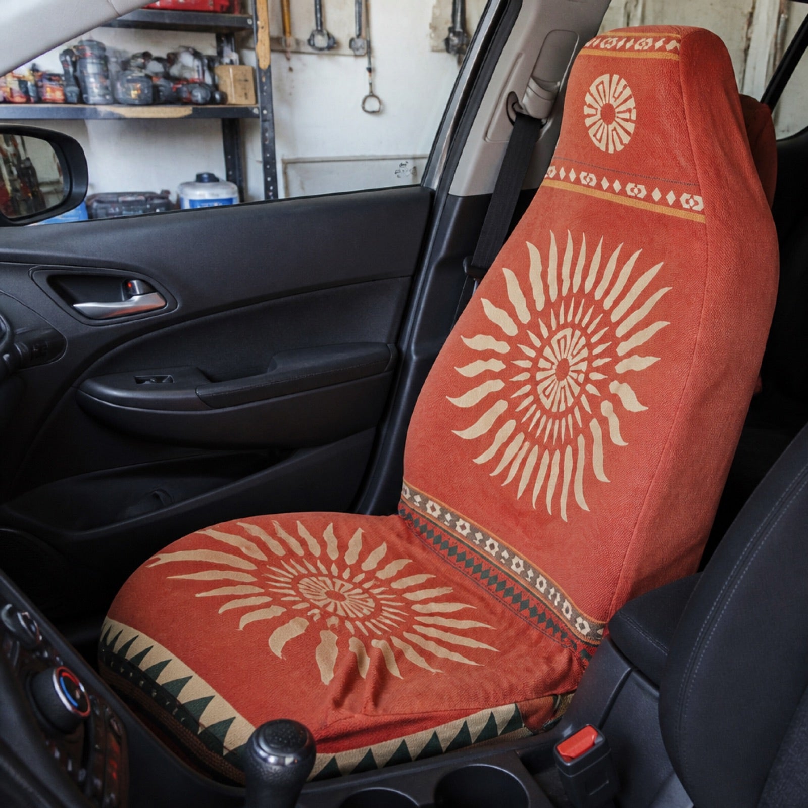 Boho double seat cover fitted to a van's front bench