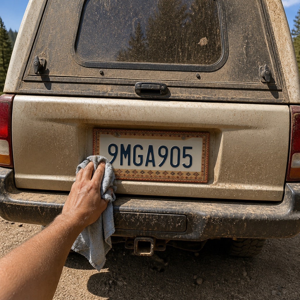 Patterned license plate frame mounted on a car