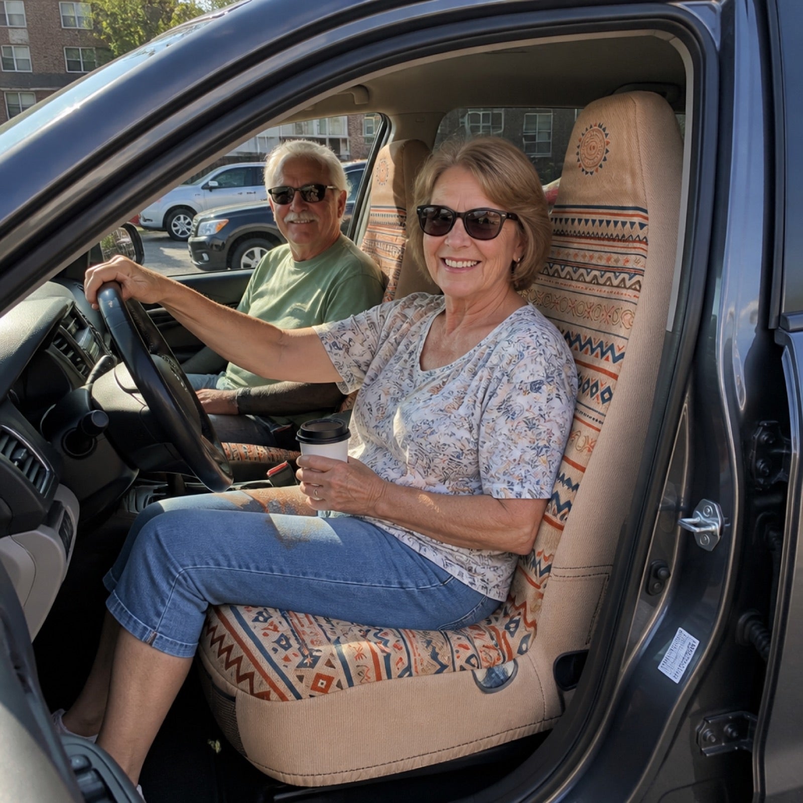 Woven fabric seat covers installed on a car's front seats