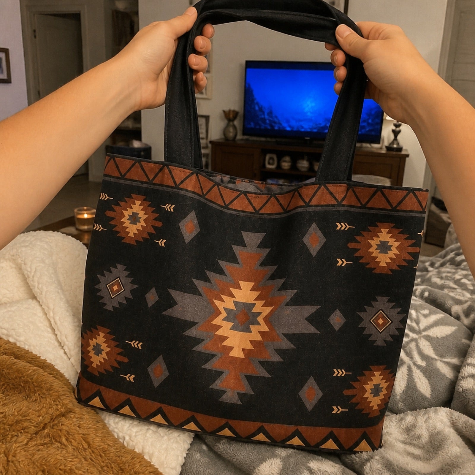 Fabric boho tote bag carried by hand