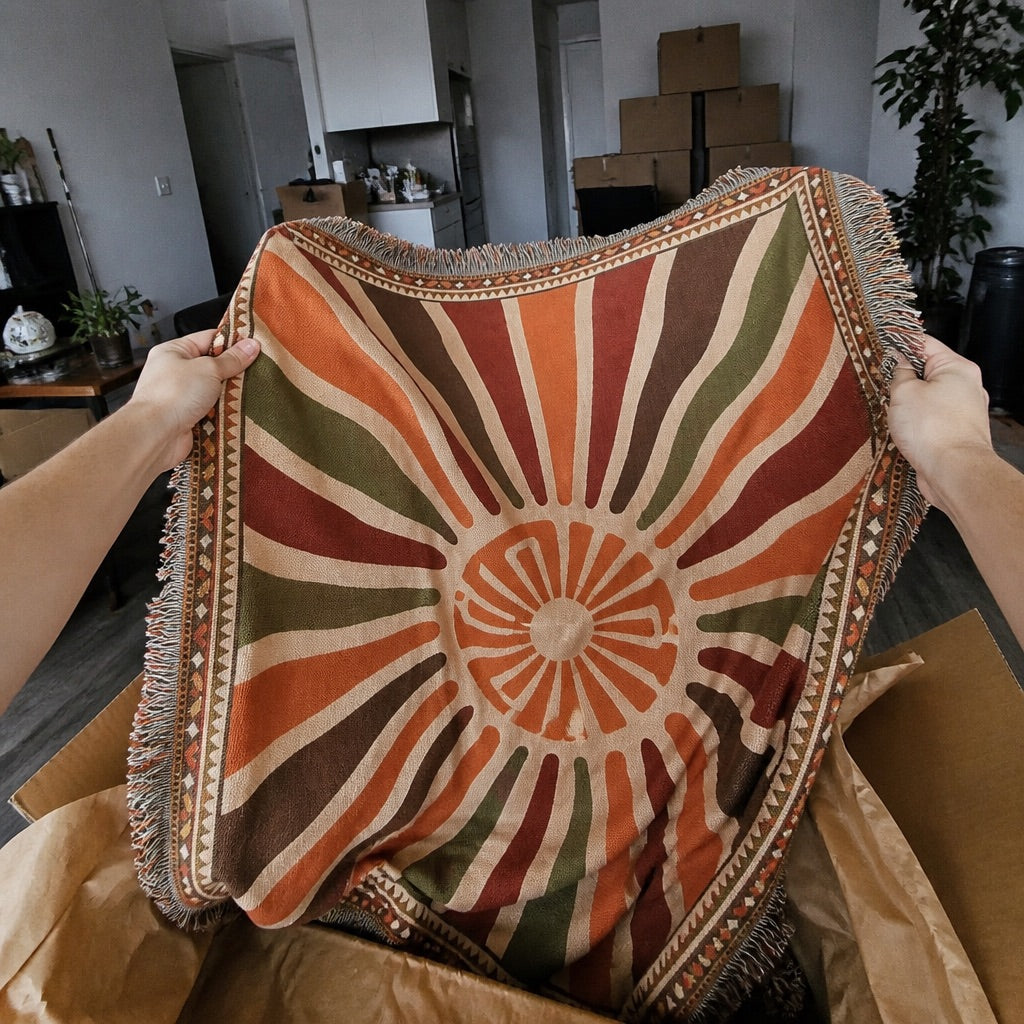 Falsa-style woven blanket draped over furniture