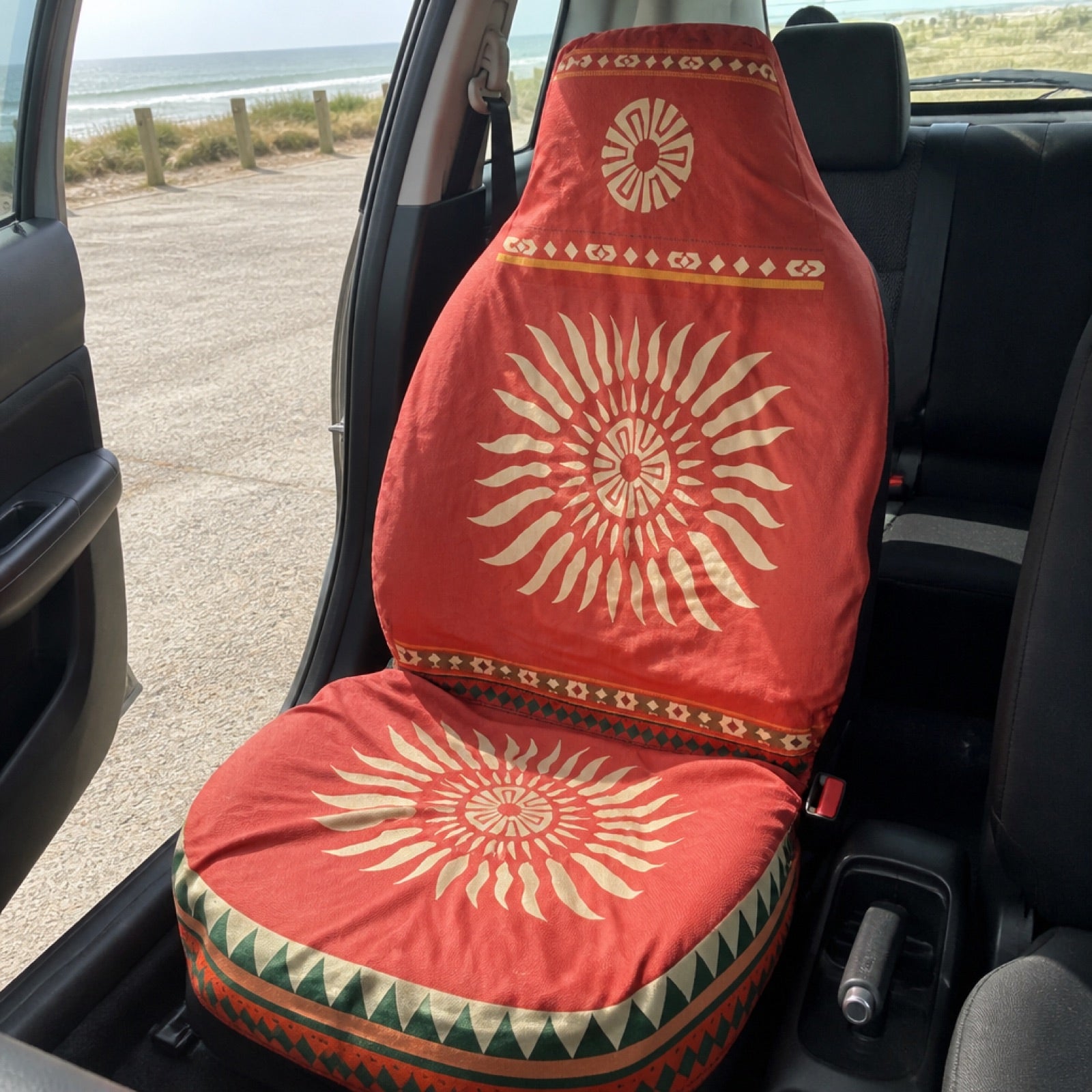 Boho seat covers installed on the front seats of a Ford Edge