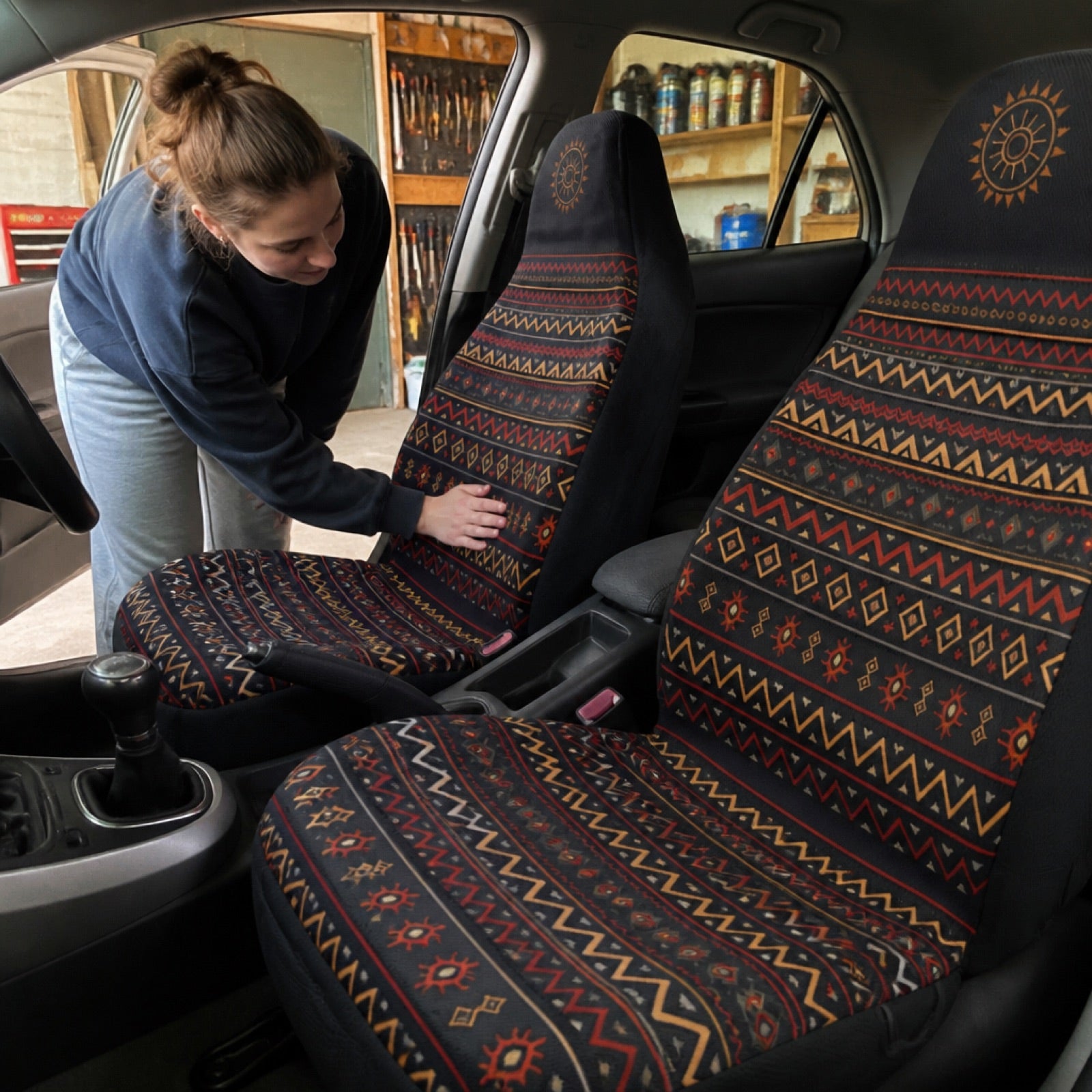 Solara patterned seat covers installed in a compact SUV interior
