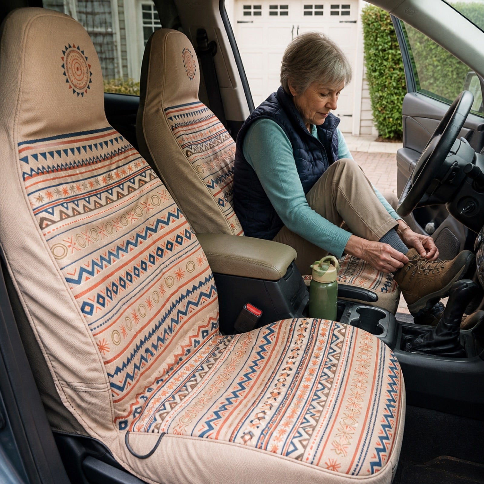 Boho seat covers installed on the front seats of a Ford F-250