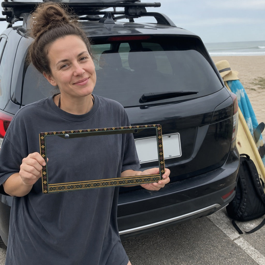 Patterned license plate frame mounted on a car