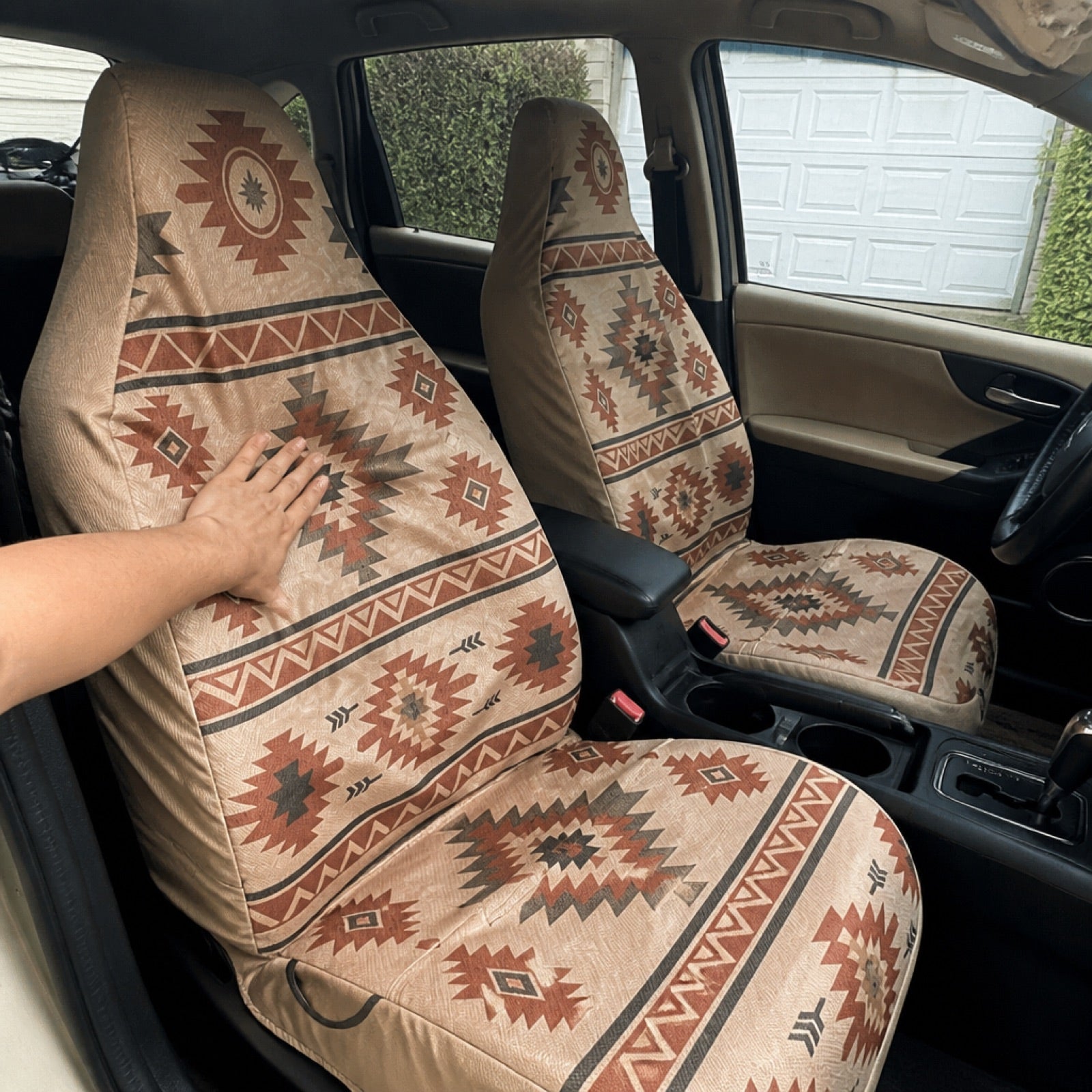 Tan Southwestern Aztec seat covers in a full-size truck cab | Solara Covers