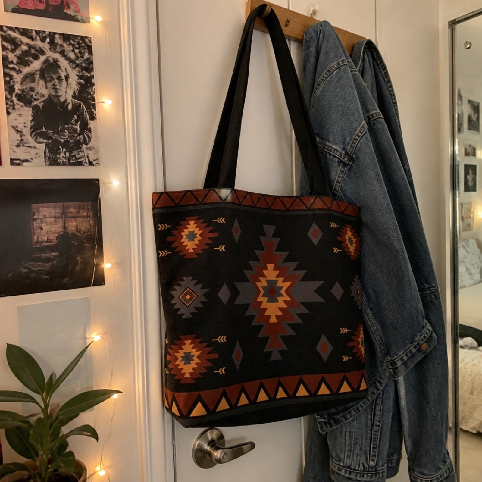 Boho reusable tote bag filled with groceries