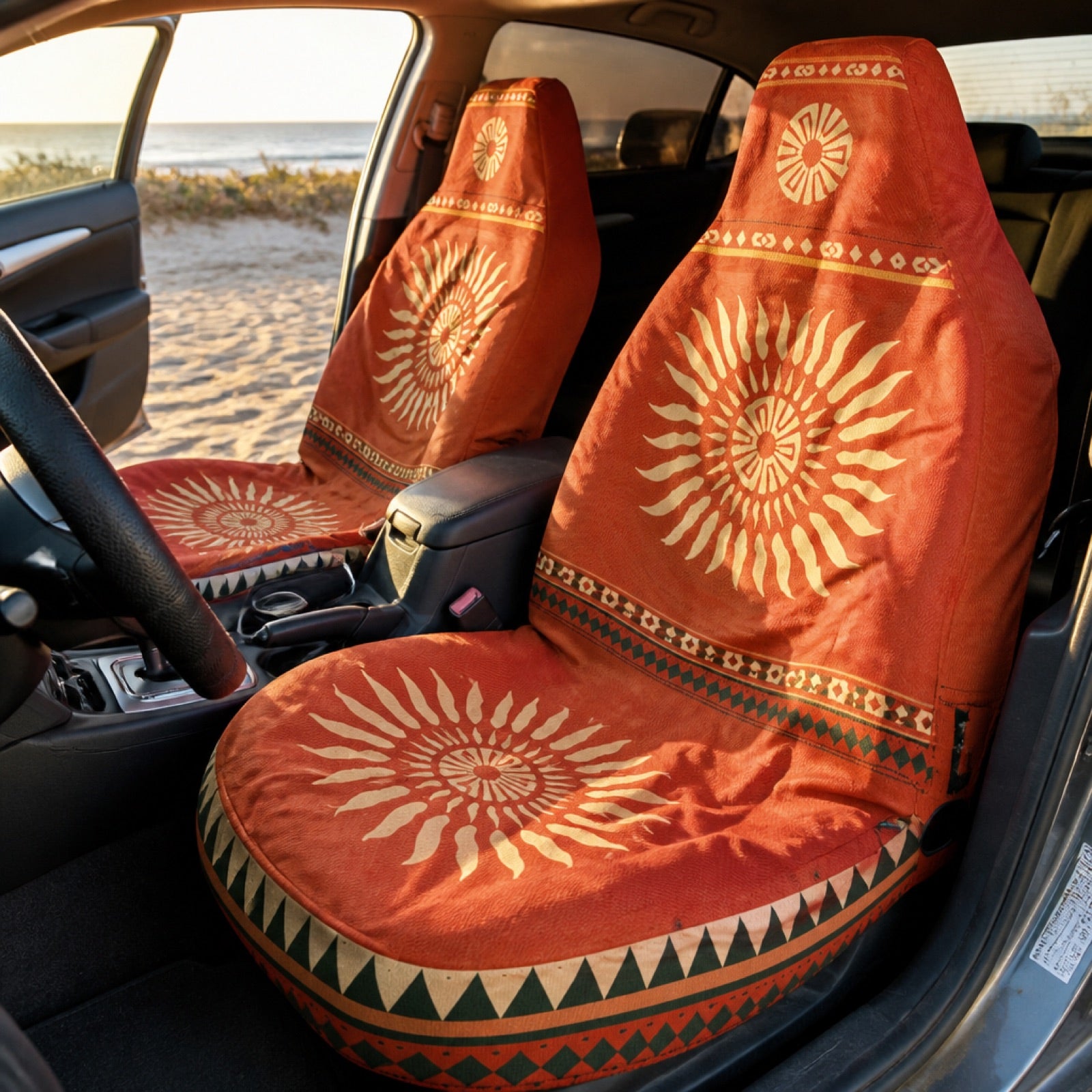 70s-inspired hippie print seat covers on a car's front seats