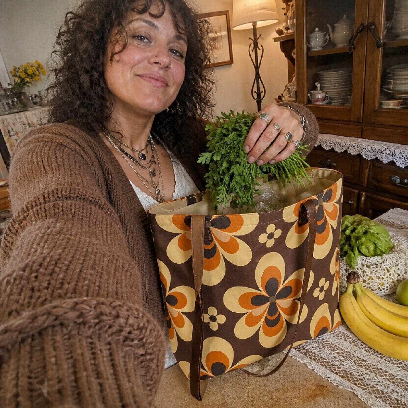 70s-inspired hippie print tote bag
