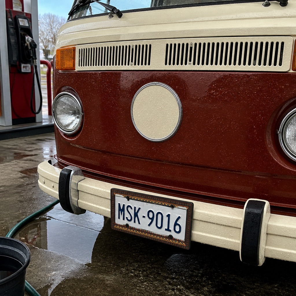 Patterned license plate frame mounted on a car