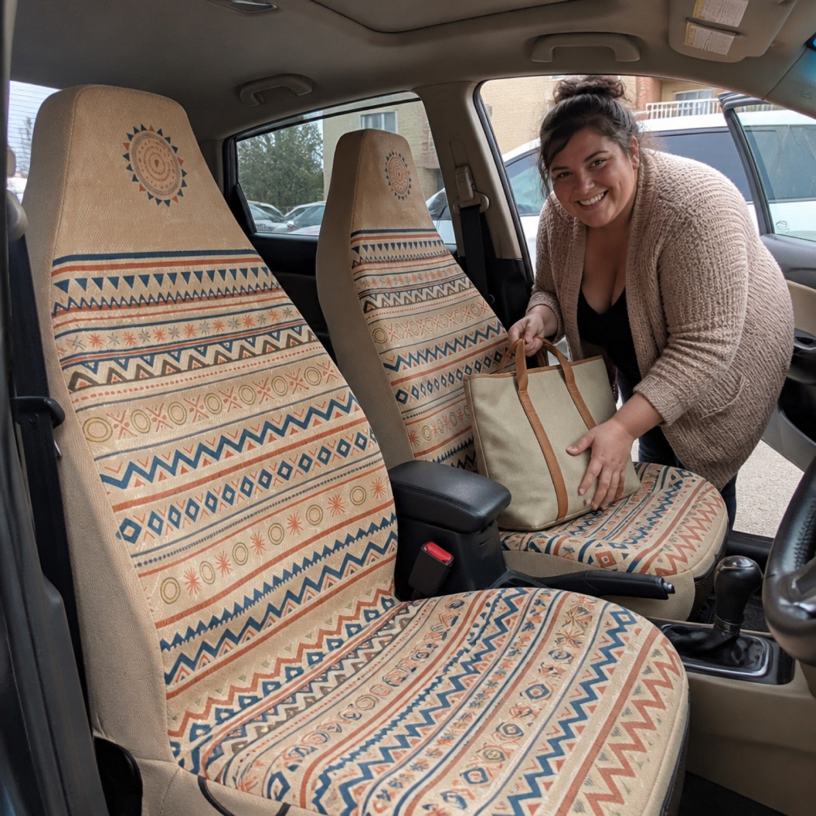 Tan boho stripe seat covers installed on sedan front seats | Solara Covers