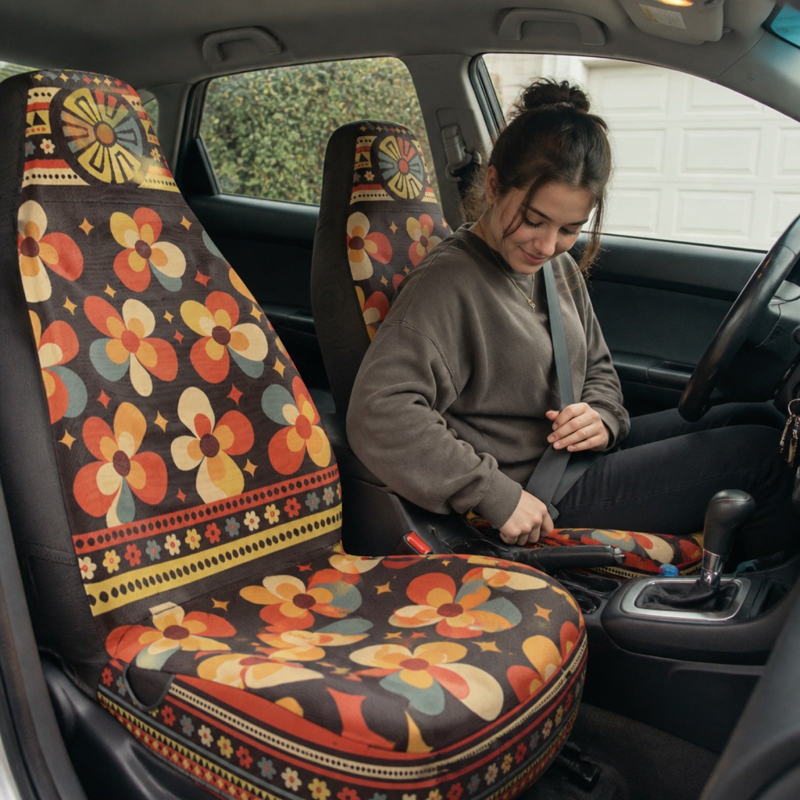 Retro floral seat covers installed in a compact car | Solara Covers