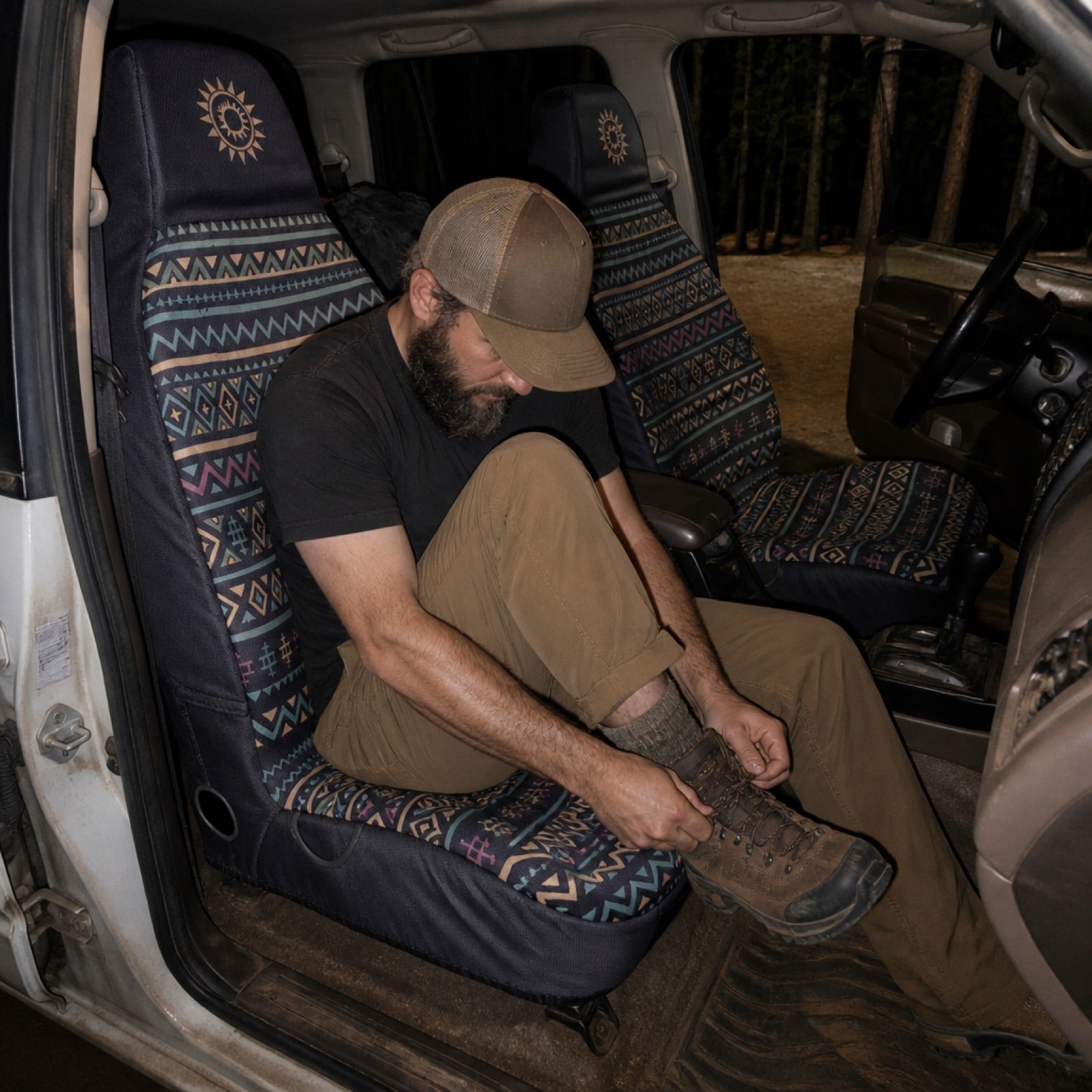 Navy boho print seat covers in a family vehicle | Solara Covers