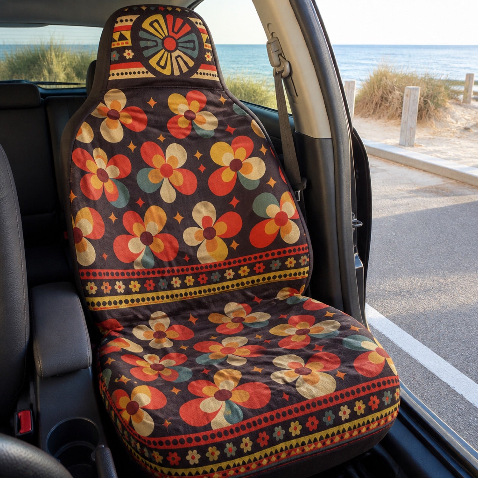 Retro floral Solara seat covers in a family SUV interior