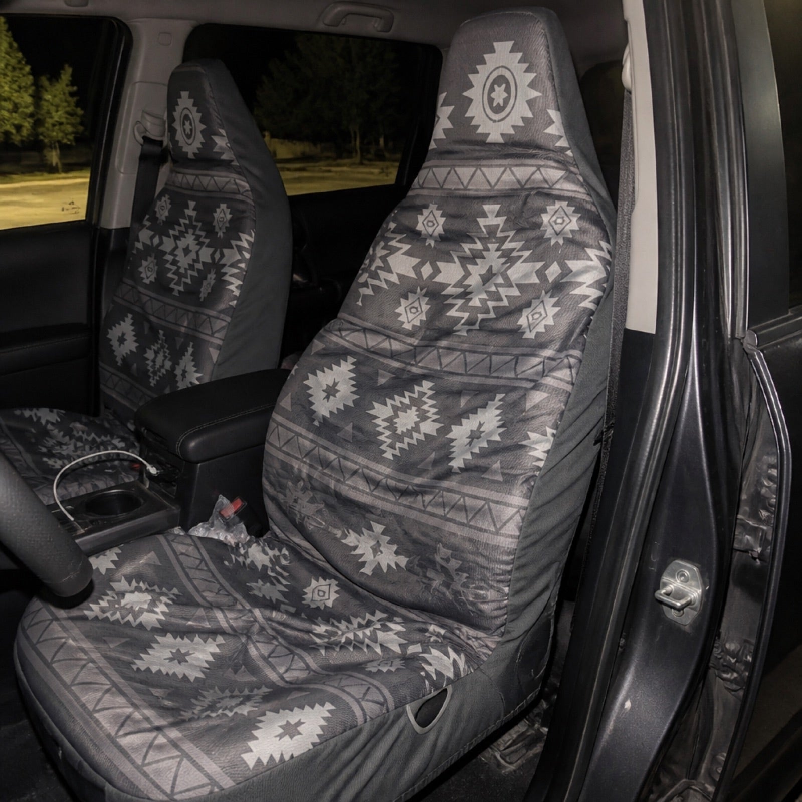 Grey Aztec stretch seat covers protecting leather car seats | Solara Covers