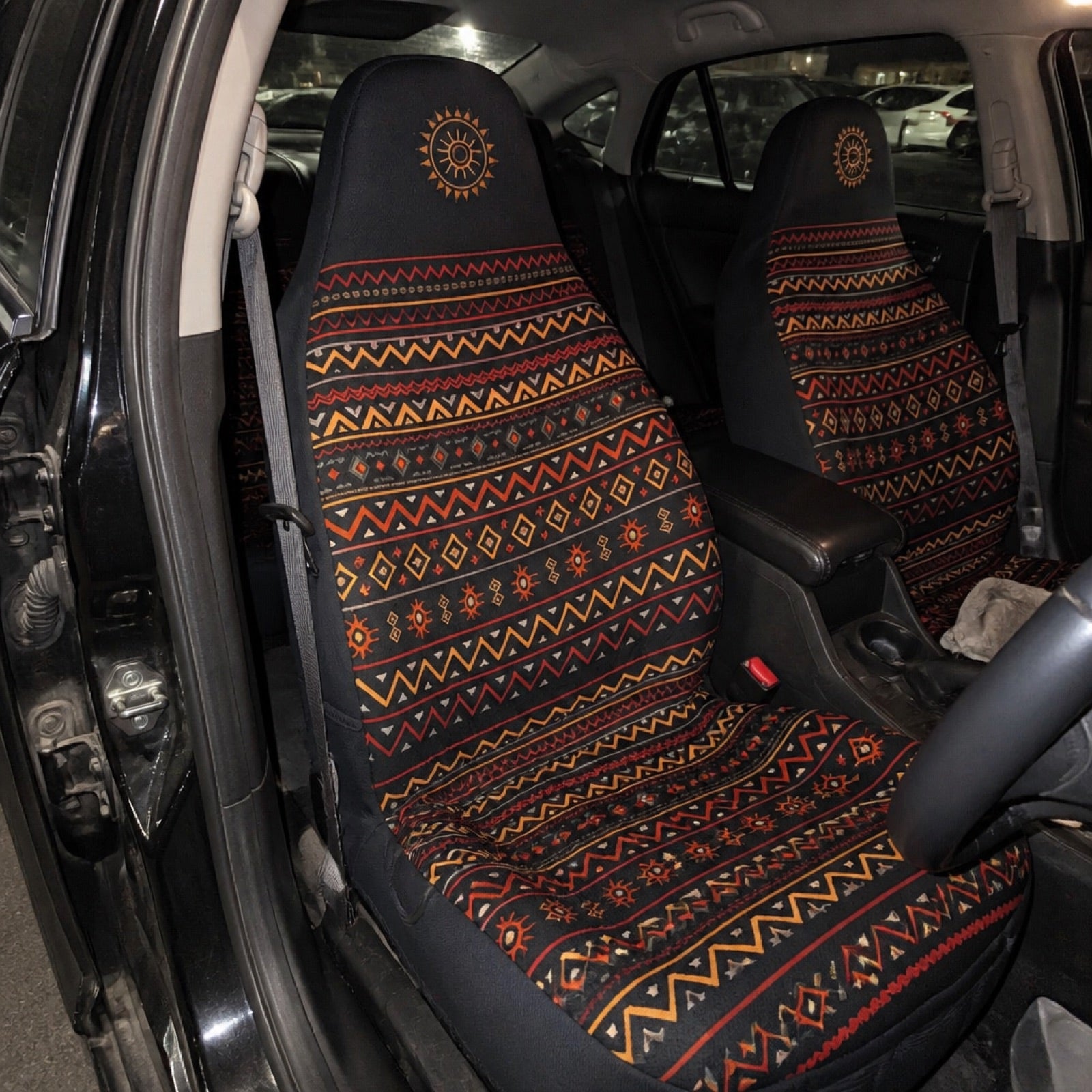 Washable Solara seat covers in a fresh car interior