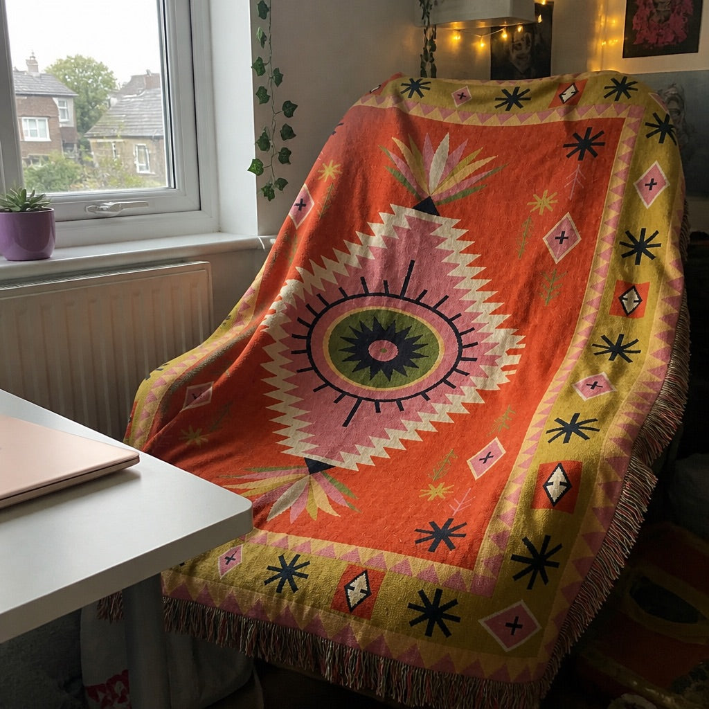 Woven jacquard blanket shown up close in texture