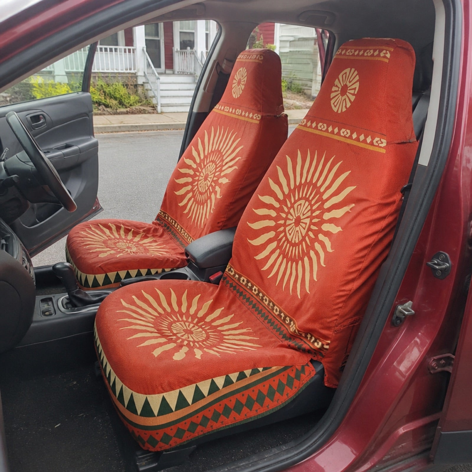Boho seat covers installed on the front seats of a Hyundai Kona