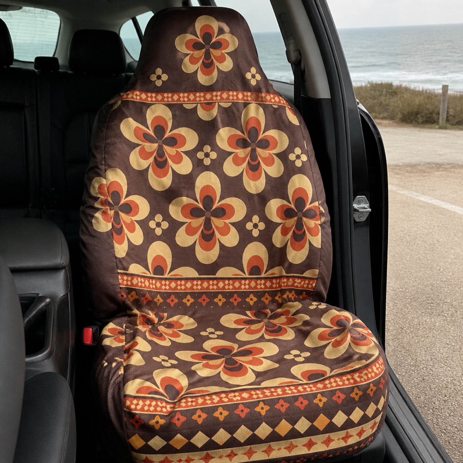 Boho seat covers installed on the front seats of a Hyundai Palisade