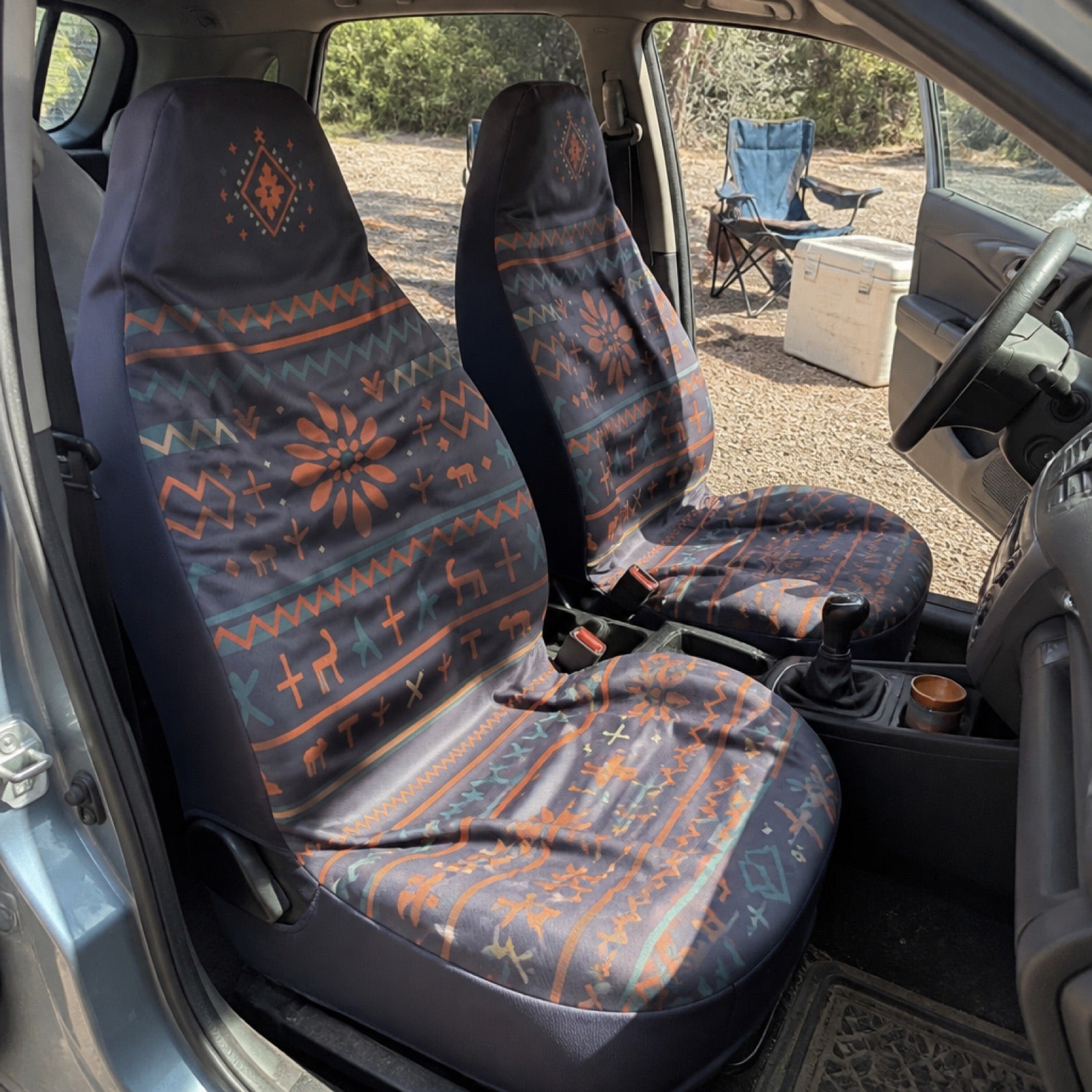 Boho seat covers installed on the front seats of a Hyundai Sonata