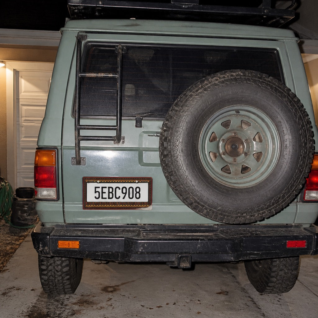 Patterned license plate frame mounted on a car