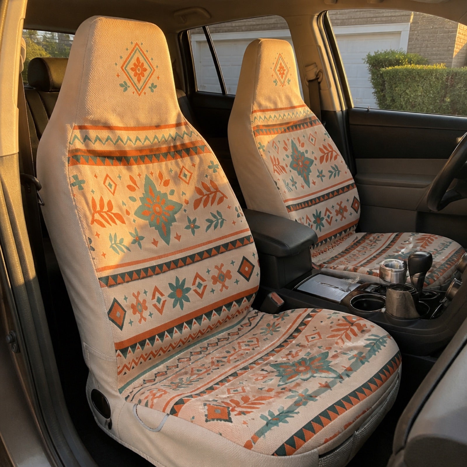 Boho seat covers installed on the front seats of a Jeep Compass