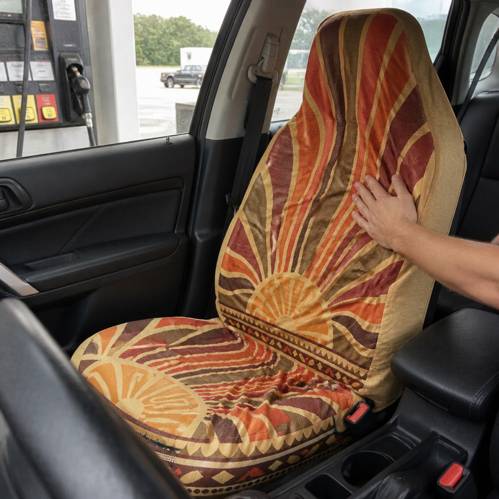 Boho seat covers installed on the front seats of a Kia Forte