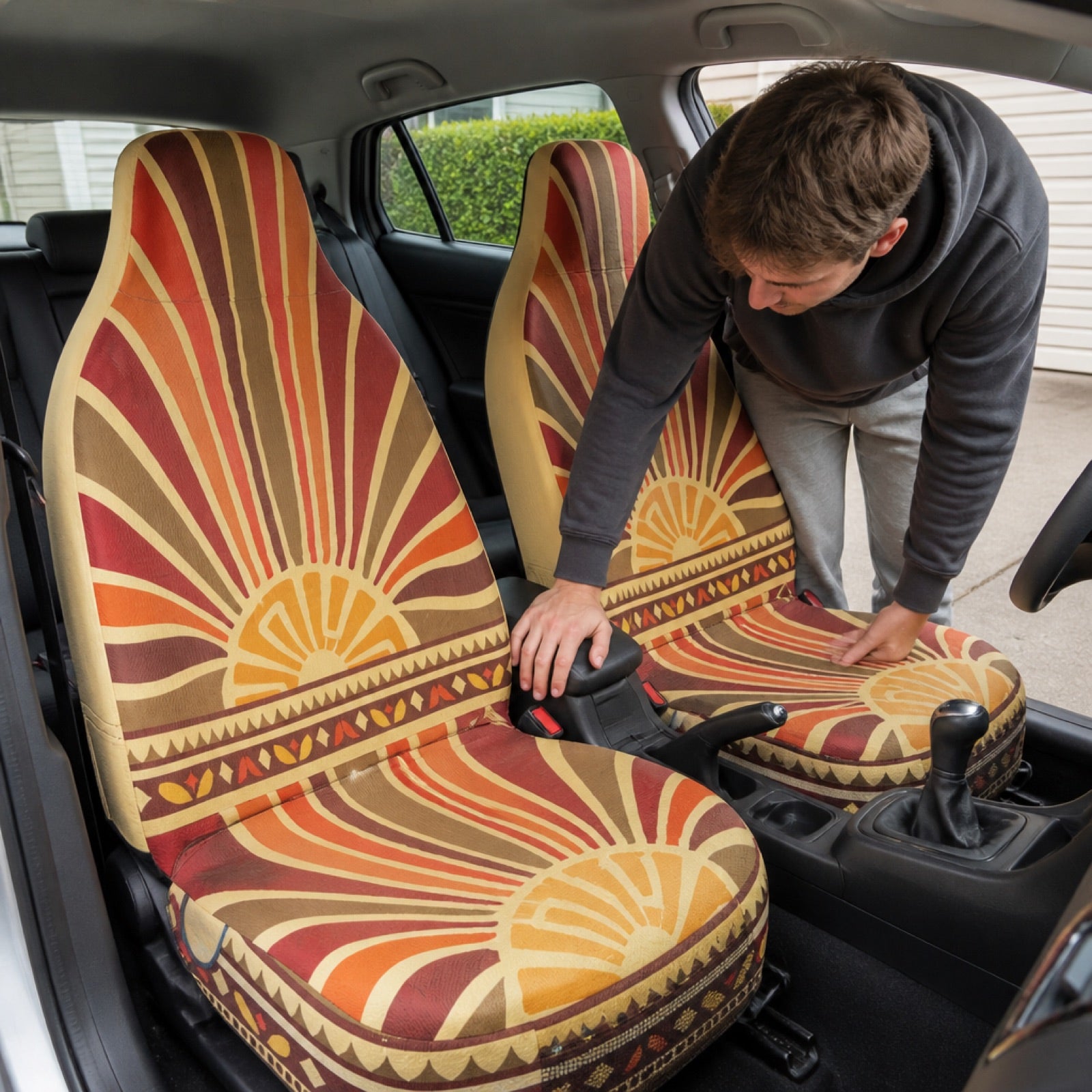 Boho seat covers installed on the front seats of a Kia Sorento