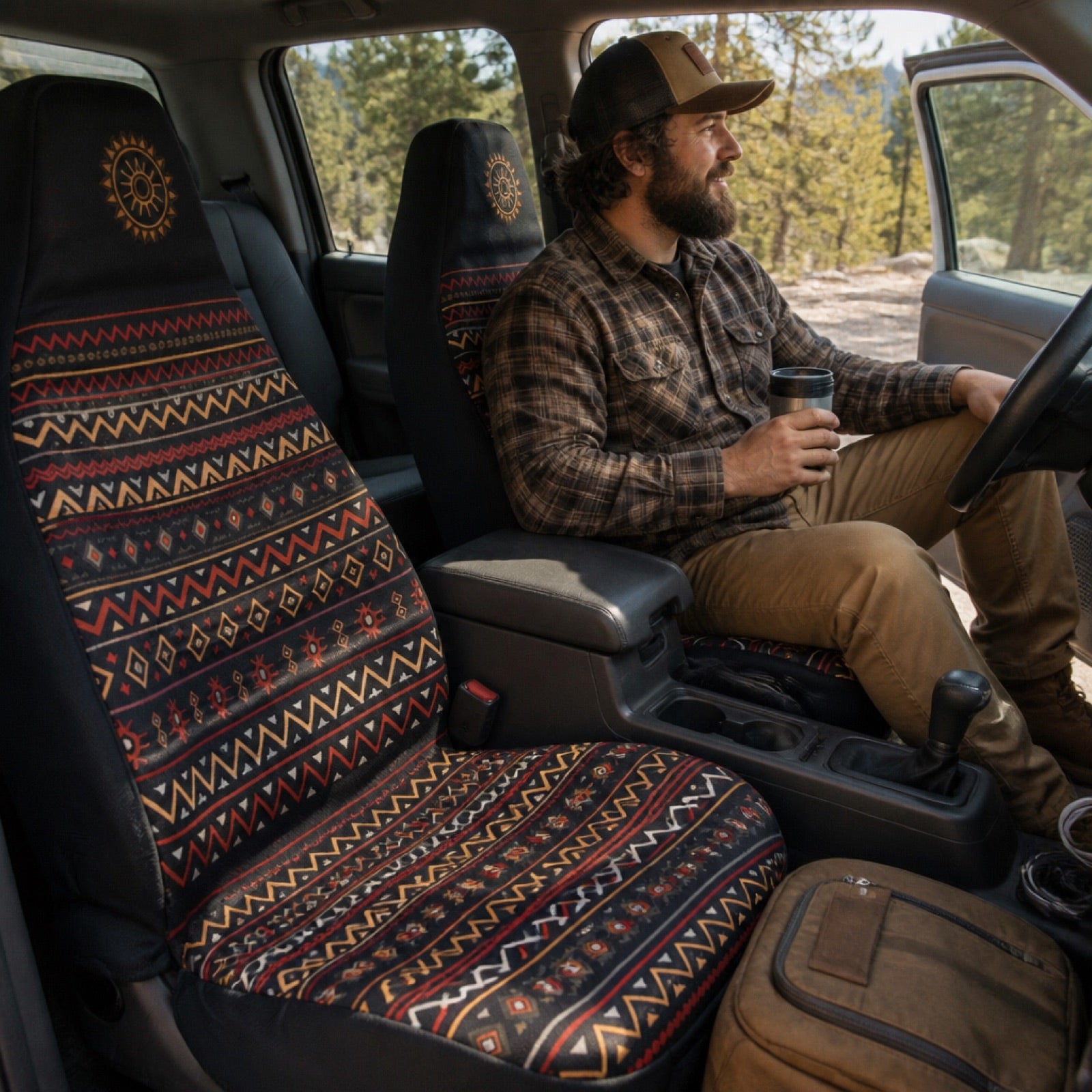 Patterned Solara seat covers installed in a crossover SUV