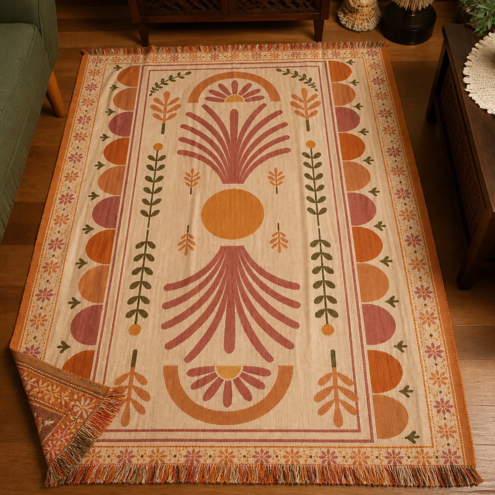 Kilim-style woven rug styled on a floor