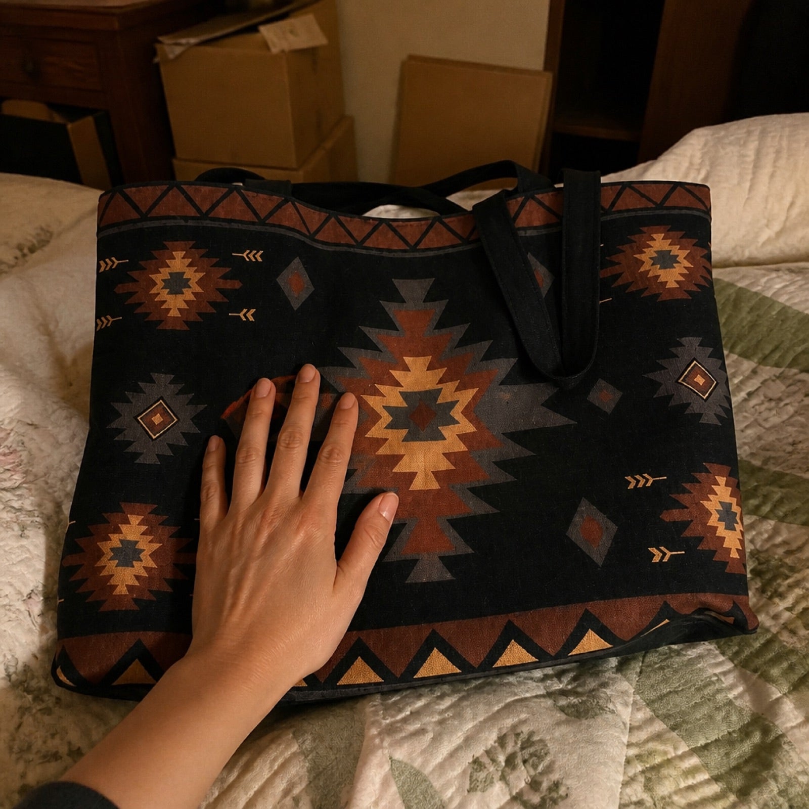 Boho tote bag holding a laptop