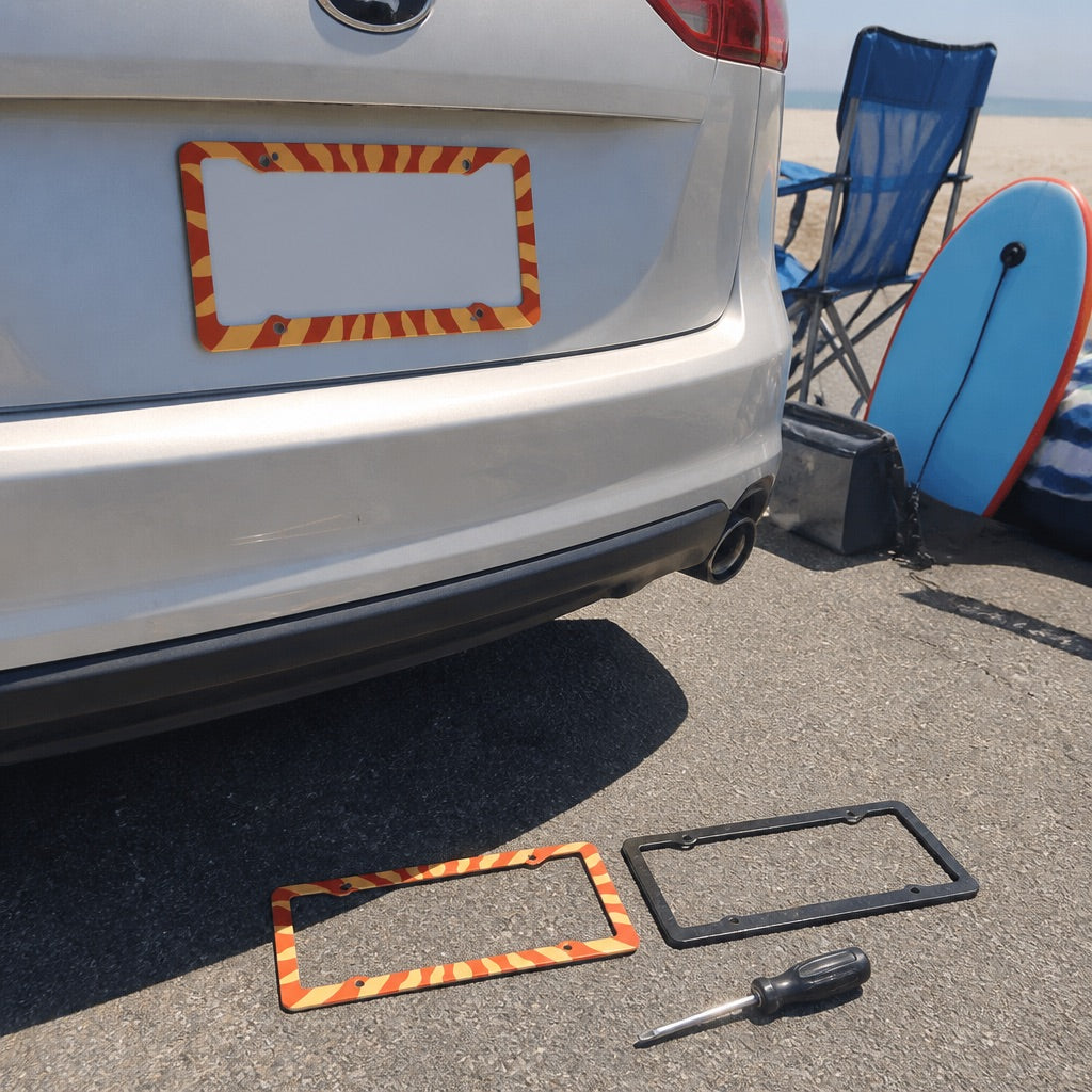 License plate frame with mounting screws shown up close