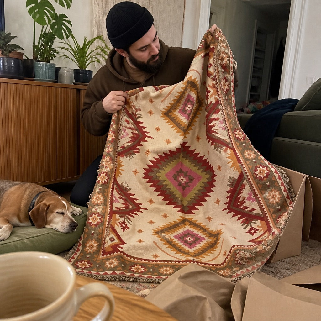 Lightweight woven throw blanket draped over a couch
