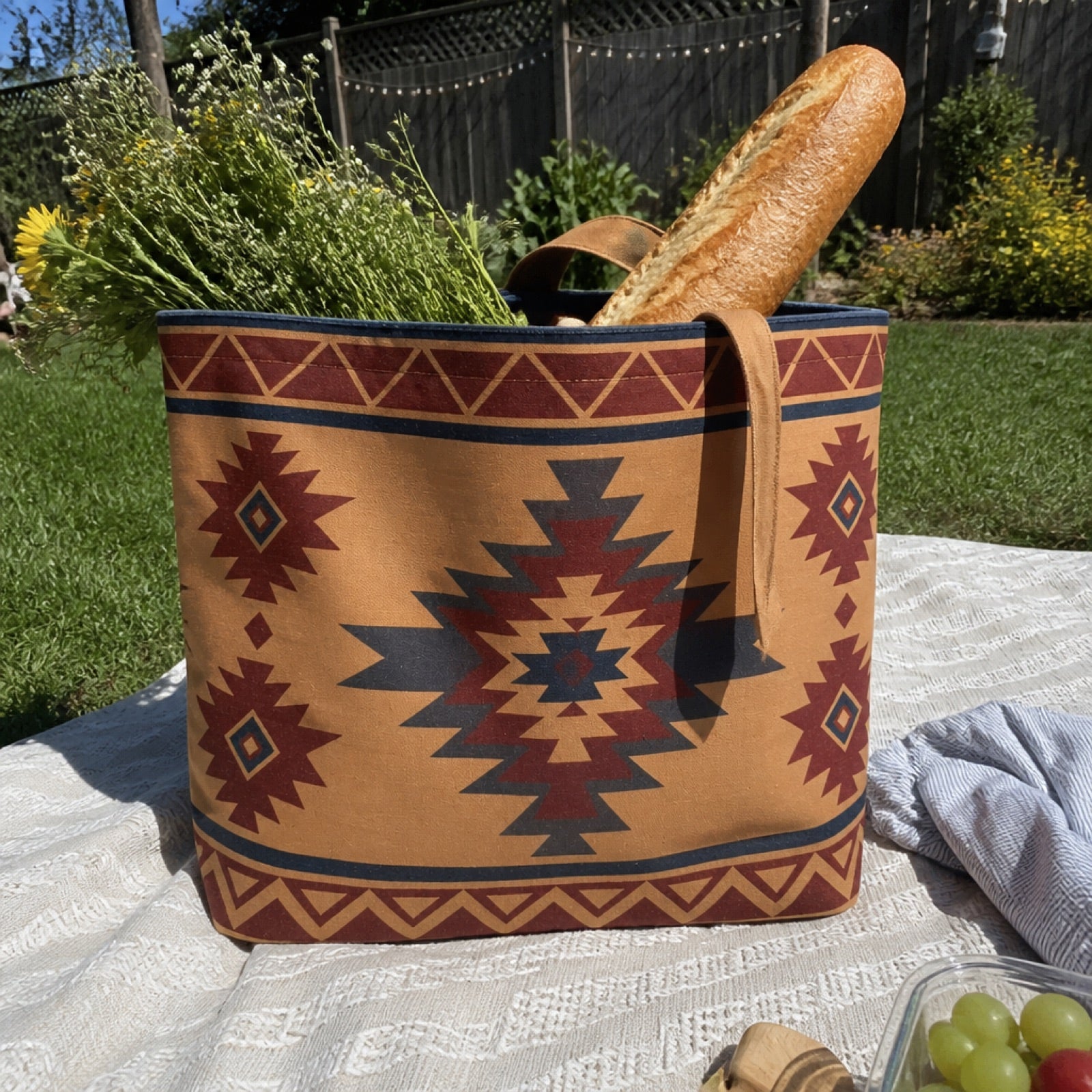 Boho tote bag filled with market finds