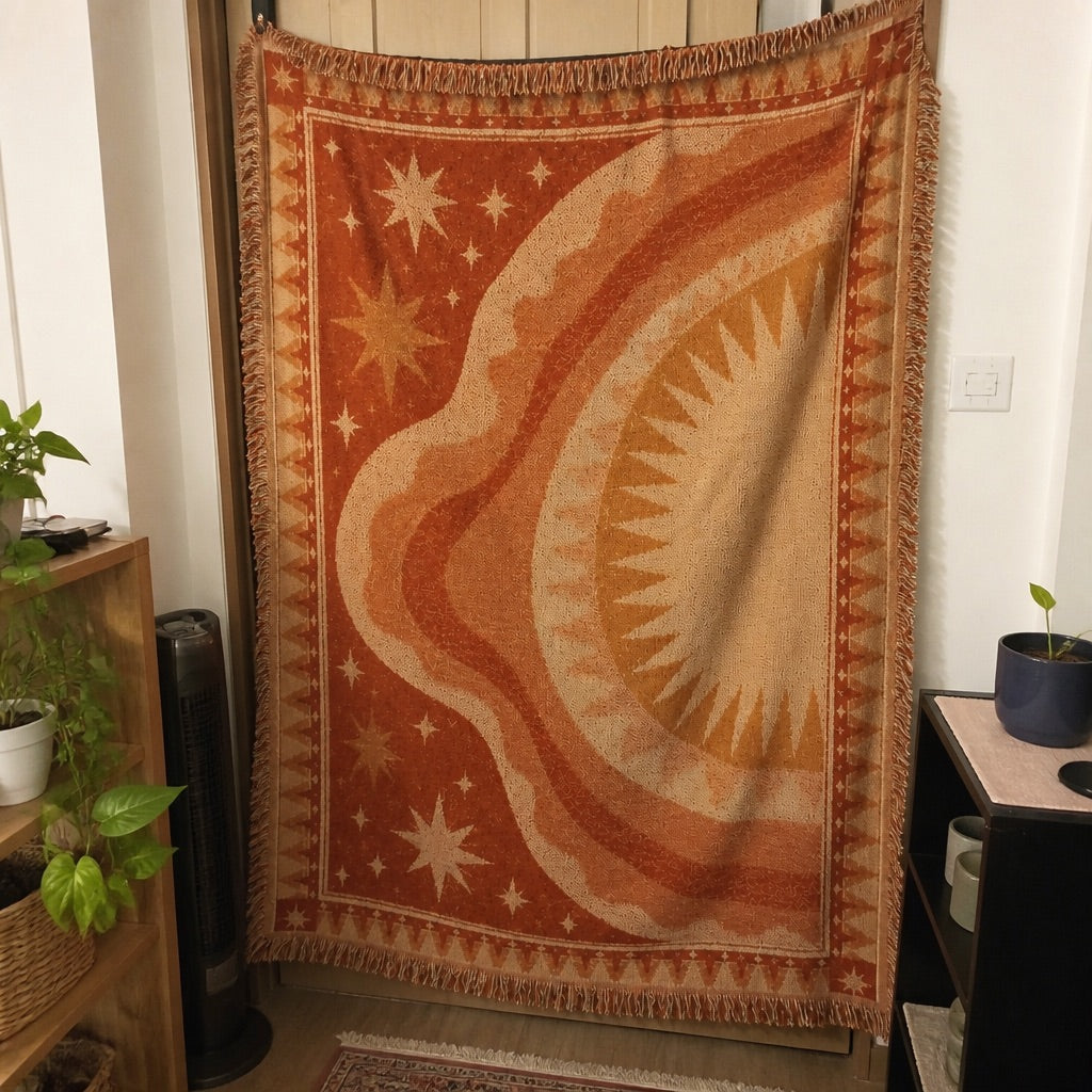 Mexican-style woven blanket draped over a couch