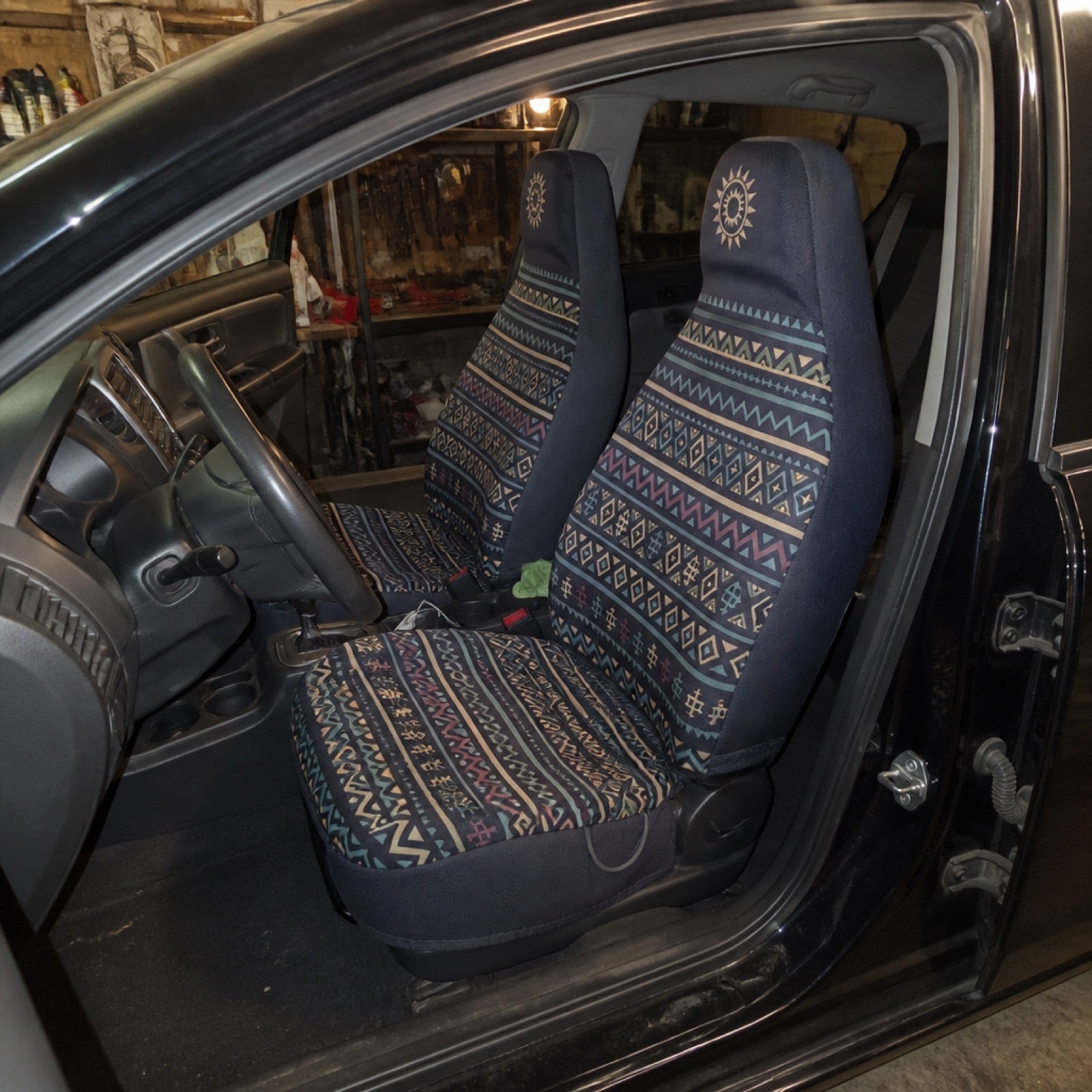 Navy boho seat covers in a family minivan | Solara Covers