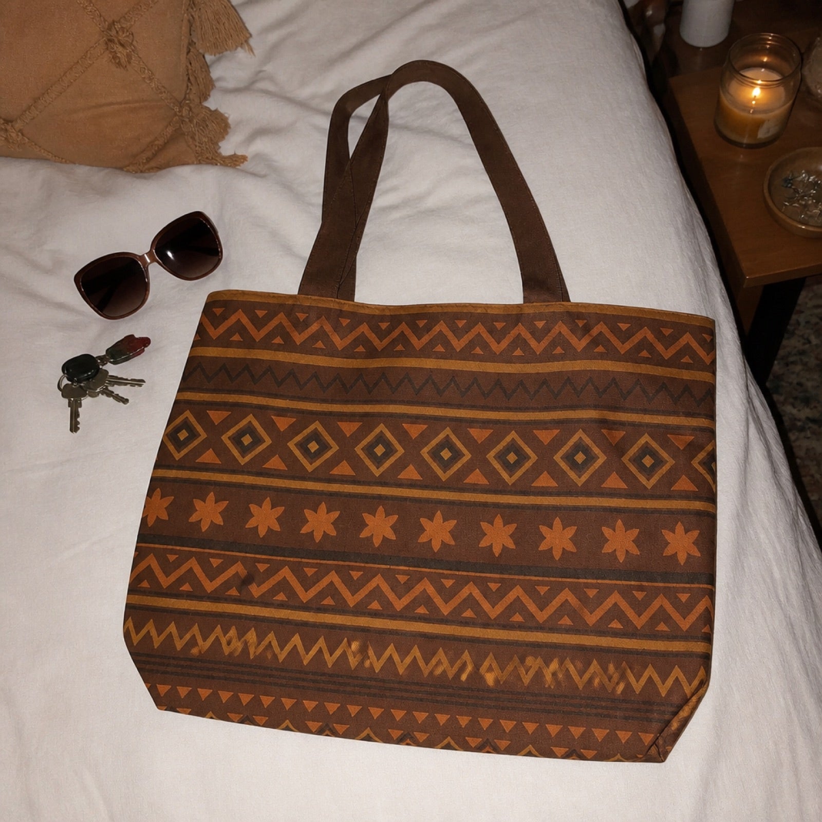 Boho tote bag packed for a day at the pool