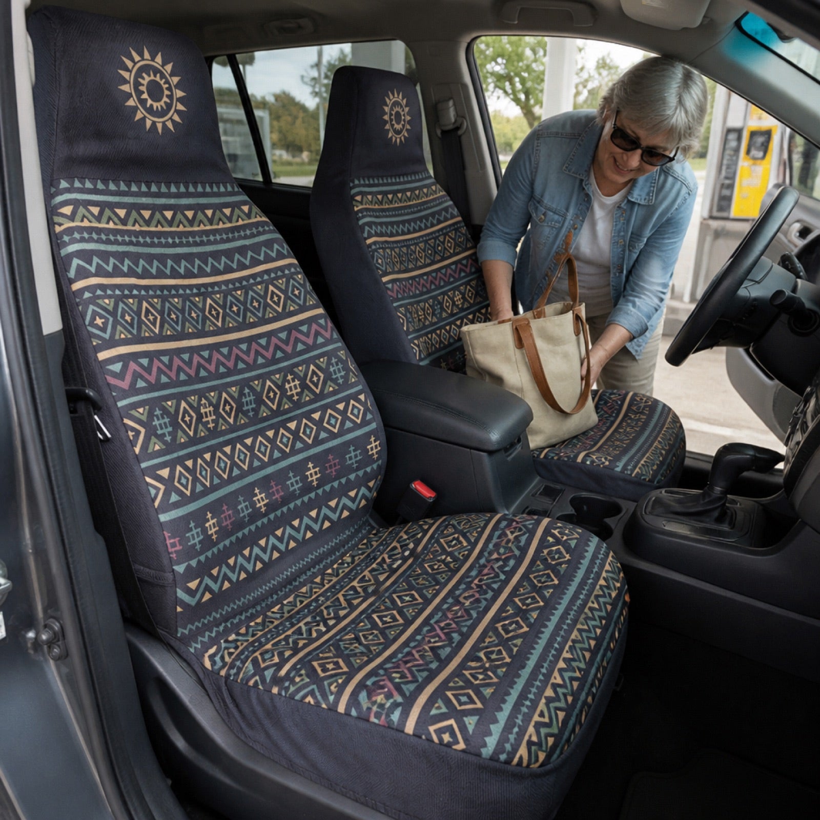 Boho seat covers installed on the front seats of a sedan