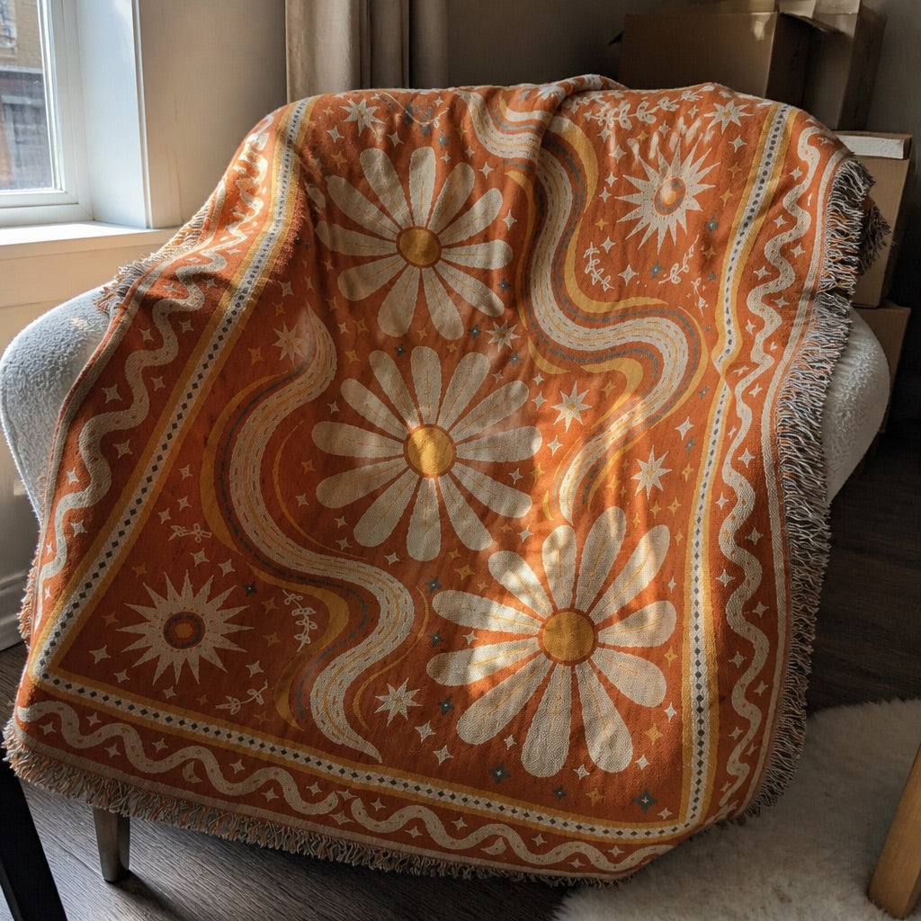 Serape-striped woven blanket draped over a couch