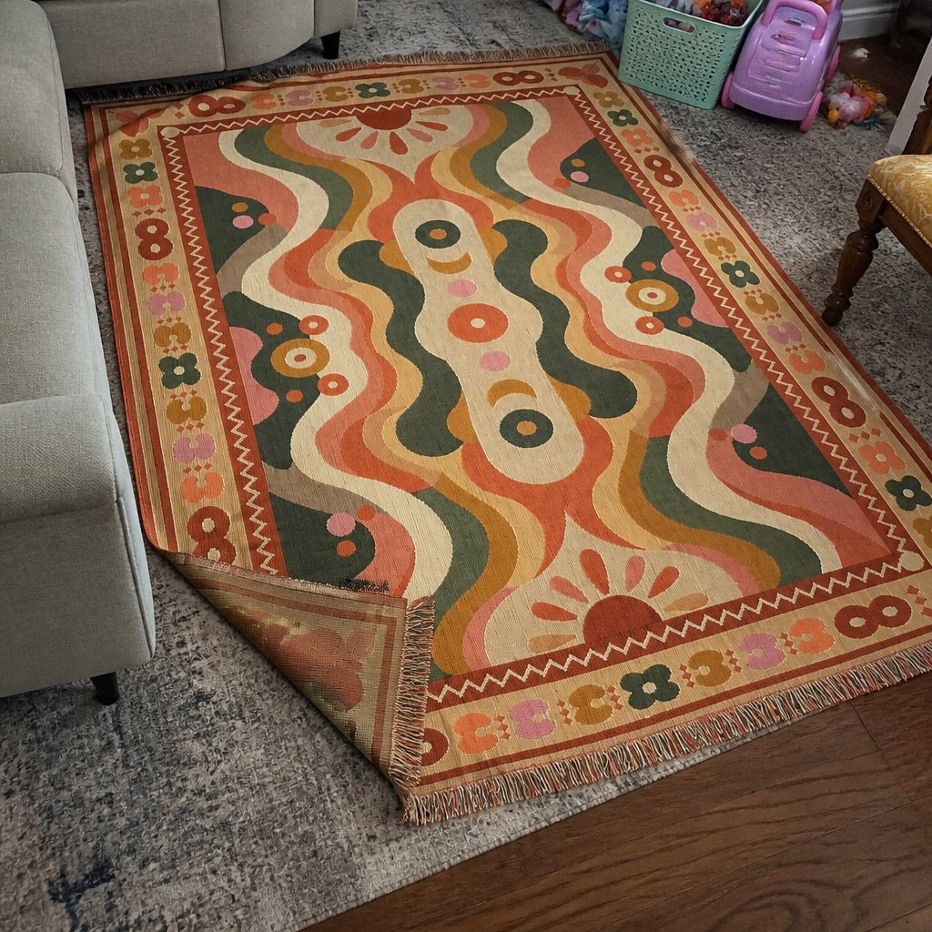 Southwestern-pattern woven blanket styled indoors