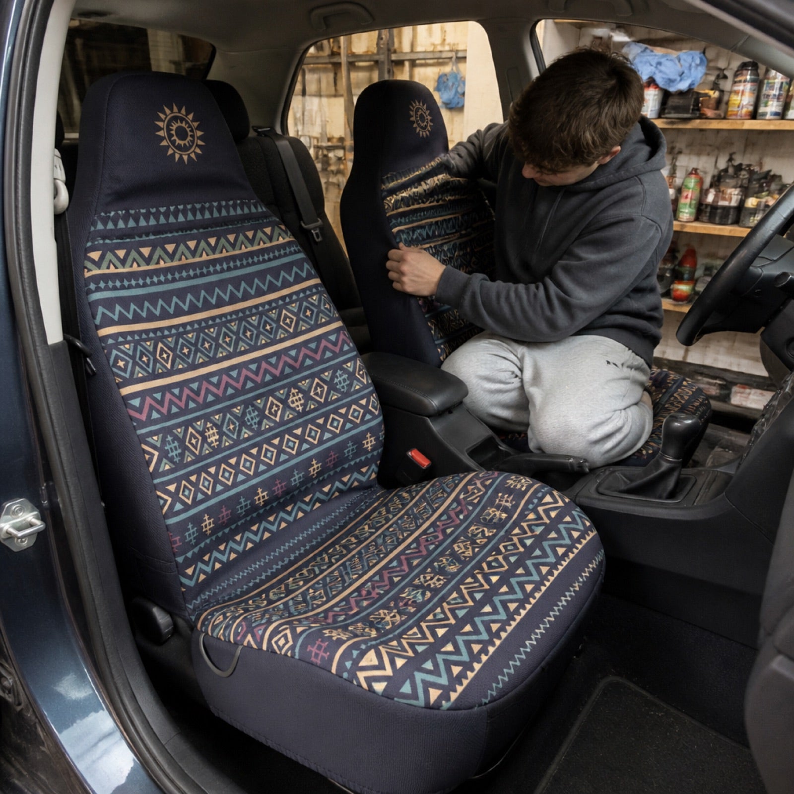 Boho seat covers installed on the front seats of a Subaru Impreza
