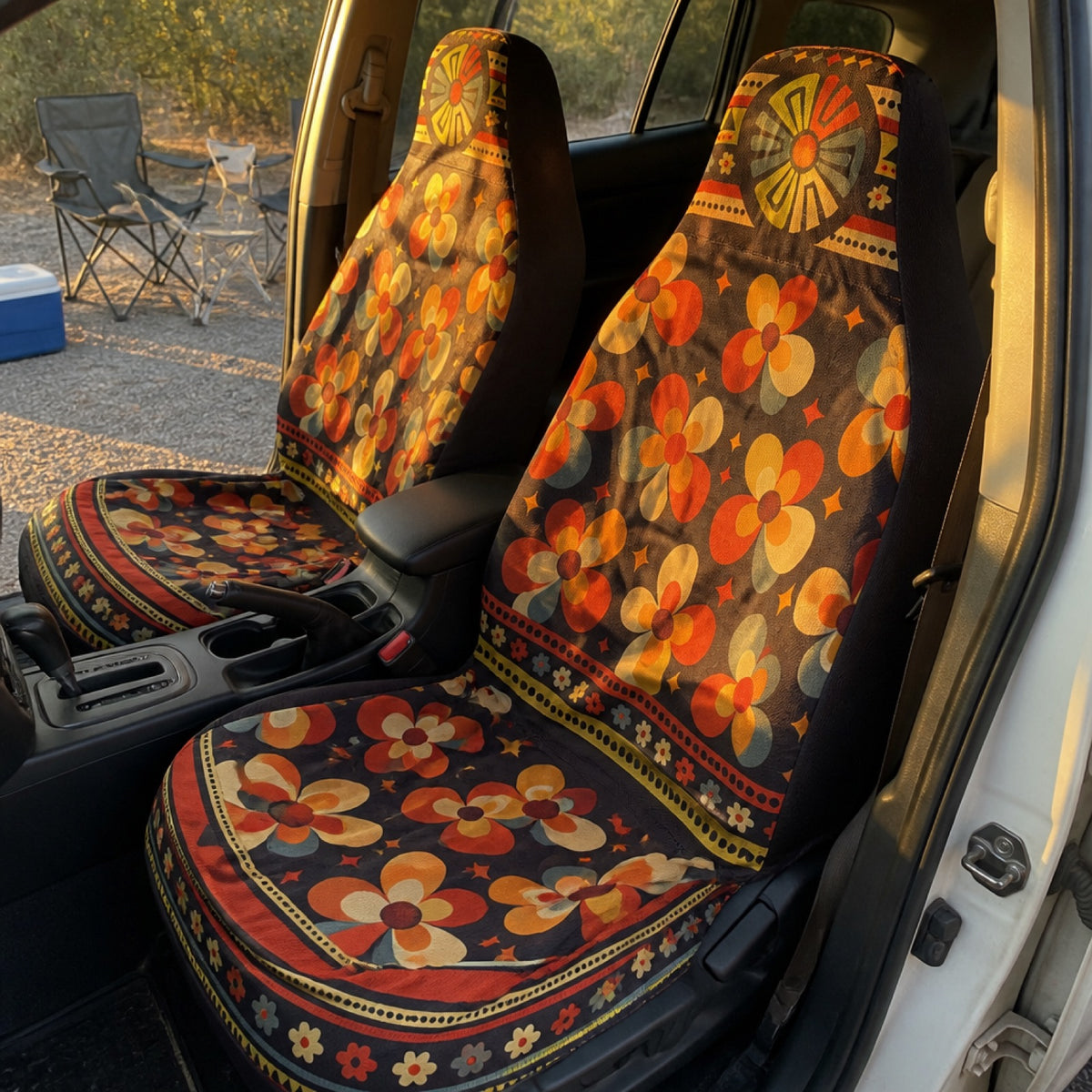 Boho seat covers installed on the front seats of a Subaru Legacy