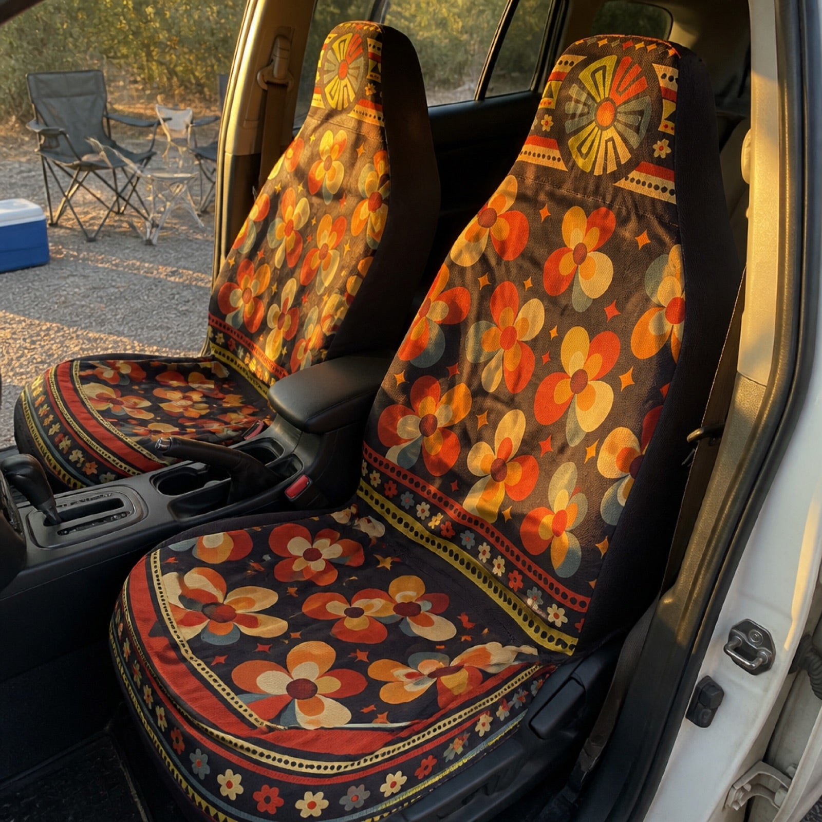 Boho seat covers installed on the front seats of a Subaru Legacy