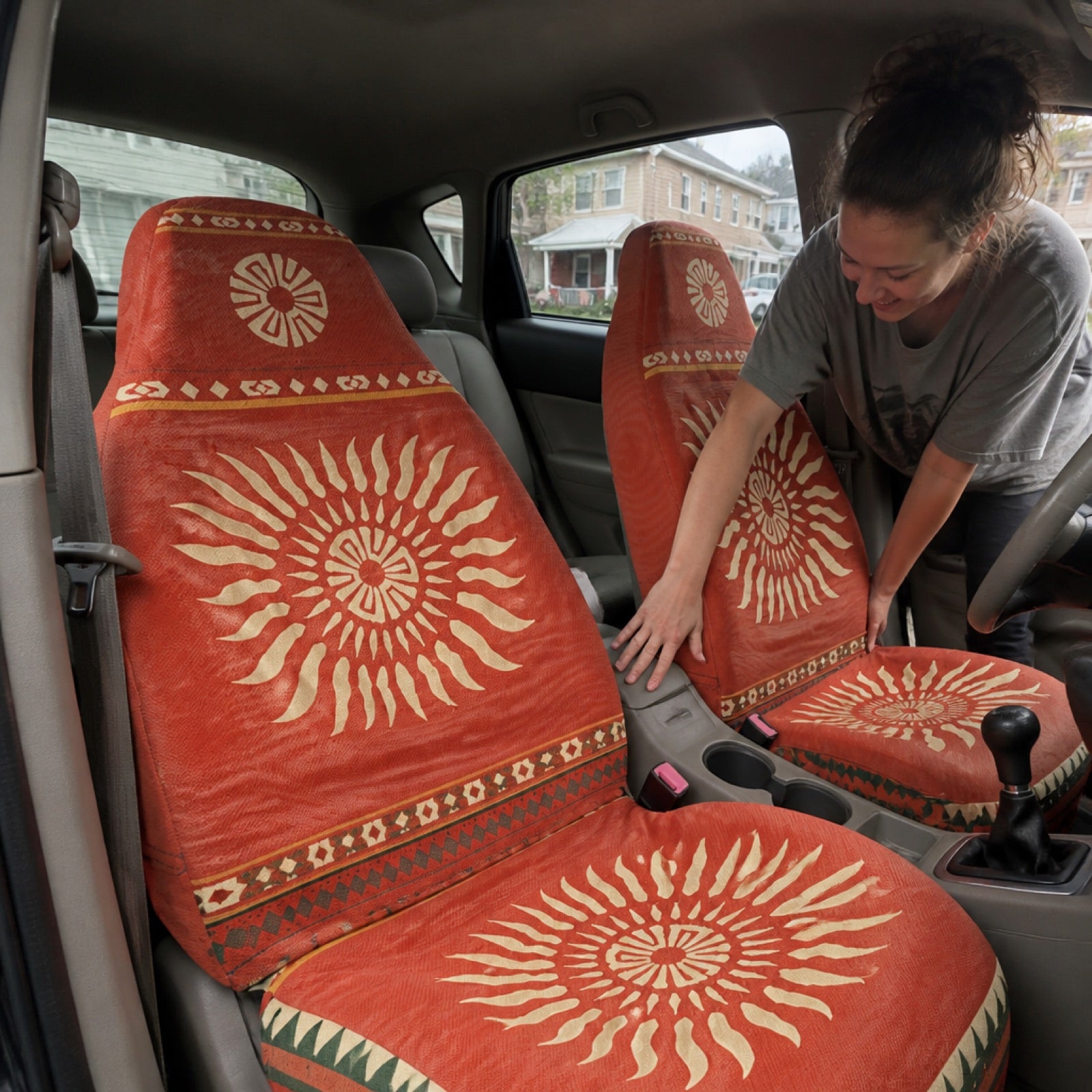 Boho seat covers installed on the front seats of a Toyota Land Cruiser